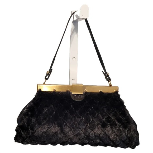 PATRICIA NASH Black Ferrara Frame Bag Satchel Quilted Faux Fur & Leather EUC - Picture 2 of 9